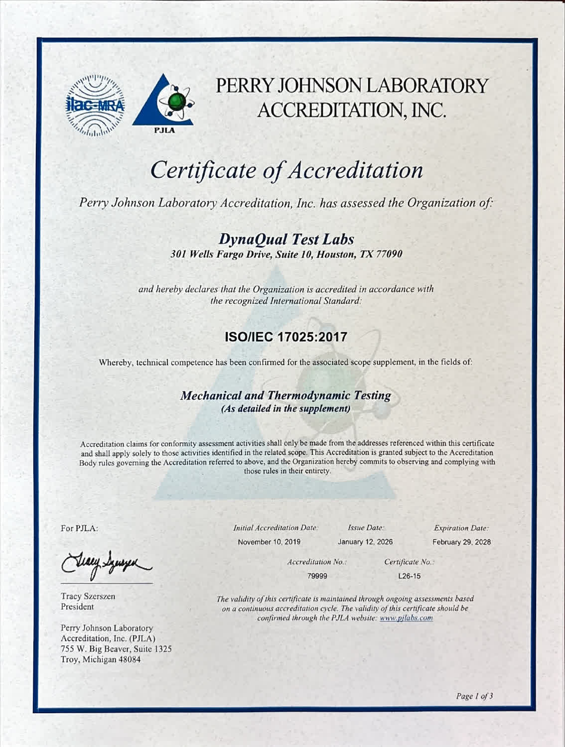PJLA Certificate of Accreditation for DynaQual Test Labs, ISO/IEC 17025:2017, Certificate #79999