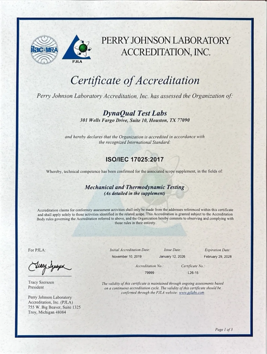 PJLA Testing Scope of Accreditation for DynaQual Test Labs