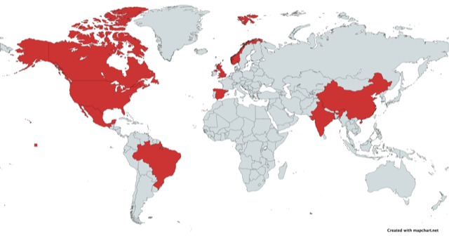 World map highlighting countries with DynaQual customers, including the United States, Canada, Mexico, Brazil, the United Kingdom, Spain, Norway, India, and China.